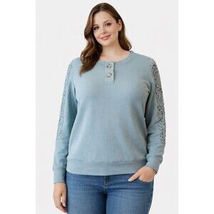 Knox Rose Women’s L Green Henley Sweatshirt Crochet Lace Sleeve Casual Boho